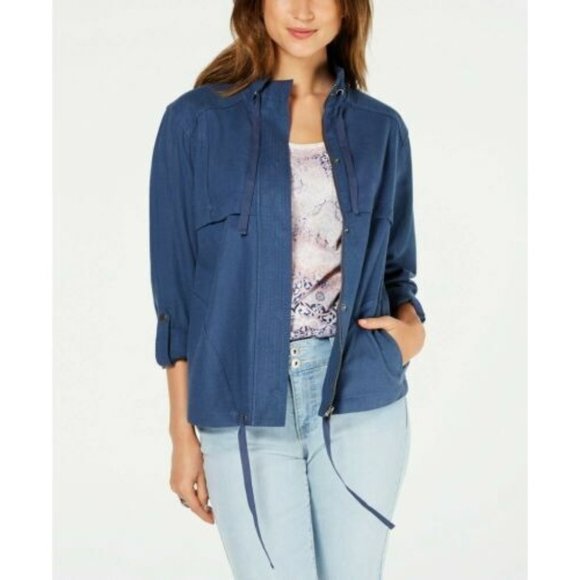 NWT Style & Co Women's M Blue Linen Blend Jacket Top Zip-Up Roll Tab Long Sleeve - Picture 1 of 8